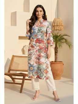 W - Off White Bold Floral Printed Straight Kurta