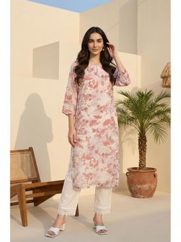 W - Off White Floral Printed Organza Straight Kurta