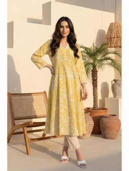 W - Yellow Floral Printed Lace Pure Cotton A-Line Kurta