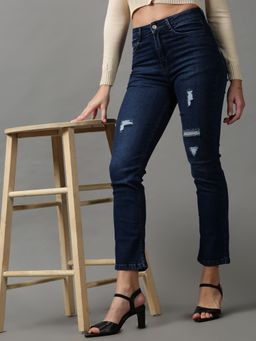 SHOWOFFFF - Womens Mildly Distressed Regular Fit Navy Blue Denim Jeans