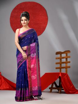 Arhi - Royal Blue Handloom Saree with Pink Border And Buttas with Unstitched Blouse