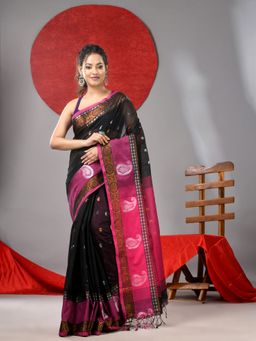 Arhi - Black Handloom Saree with Pink Border And Buttas with Unstitched Blouse