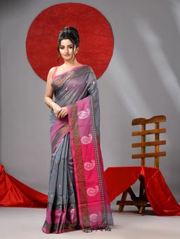 Arhi - Steel Grey Handloom Saree with Pink Border And Buttas with Unstitched Blouse