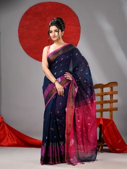 Arhi - Dark Navy Blue Handloom Saree with Pink Border And Buttas with Unstitched Blouse