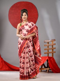 Arhi - Light Pink Floral Printed Cotton Silk Saree with Golden Border & Unstitched Blouse