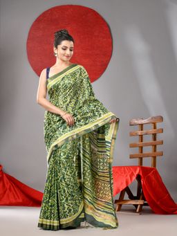 Arhi - Green Printed Soft Cotton Silk Saree with Zari Border & Unstitched Blouse