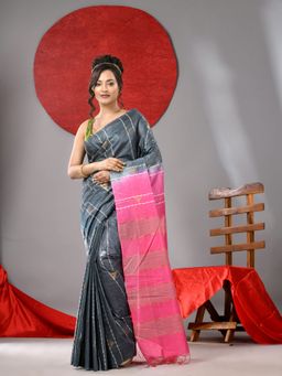 Arhi - Dark Grey And Pink Woven Cotton Silk Saree with Unstitched Blouse