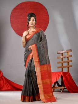 Arhi - Black And Red Design Soft Cotton Silk Saree with Unstitched Blouse