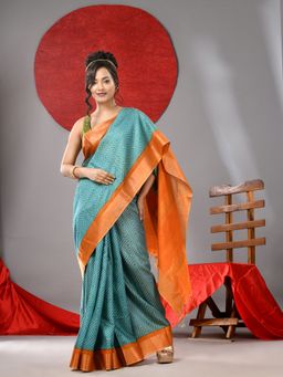 Arhi - Sky Blue And Orange Texture Design Soft Cotton Silk Saree with Unstitched Blouse