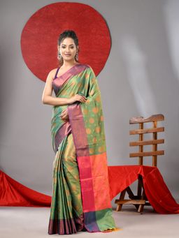 Arhi - Green Soft Silk Saree with Magenta Border & Unstitched Blouse