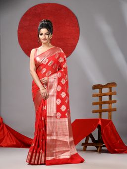 Arhi - Red Woven Soft Silk Saree with All Over Motifs & Unstitched Blouse