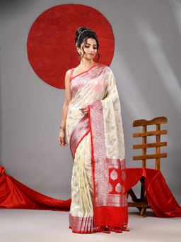 Arhi - Cream Banarasi Woven Blended Silk Saree with Red Border And Pallu with Unstitched Blouse