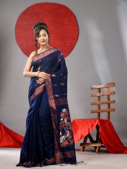 Arhi - Dark Blue Handloom Saree with Motifs And Copper Zari Border with Unstitched Blouse