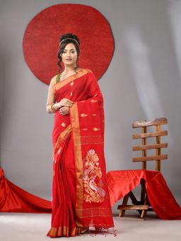 Arhi - Red Handloom Saree with Motifs And Zari Border with Unstitched Blouse