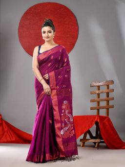 Arhi - Wine Handloom Saree with Zari Motifs And Border with Unstitched Blouse