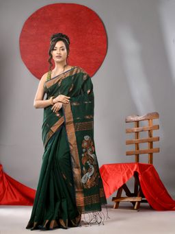 Arhi - Bottle Green Handloom Saree with Motifs And Zari Border with Unstitched Blouse