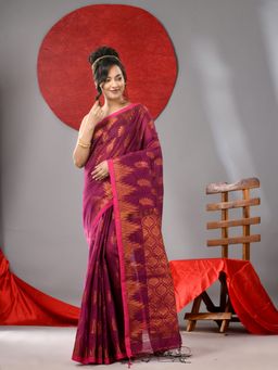 Arhi - Wine Handloom Saree with Zari Motifs with Unstitched Blouse