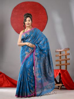 Arhi - Blue Handloom Saree with All Over Zari Motifs & Unstitched Blouse