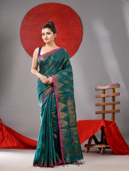 Arhi - Teal Handloom Saree with All Over Zari Motifs & Unstitched Blouse
