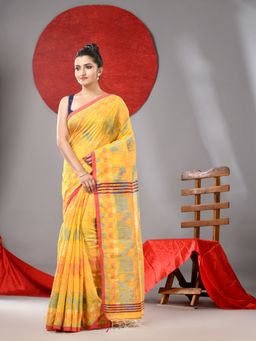 Arhi - Yellow Woven Handloom Saree with Multicolor Work & Unstitched Blouse