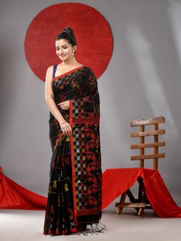 Arhi - Black Woven Handloom Saree with Multicolor Work & Unstitched Blouse
