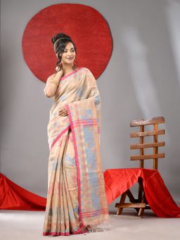Arhi - Cream Woven Handloom Saree with Multicolor Work & Unstitched Blouse