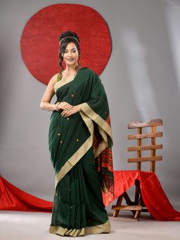 Arhi - Deep Green Cotton Woven Handloom Saree with Unstitched Blouse