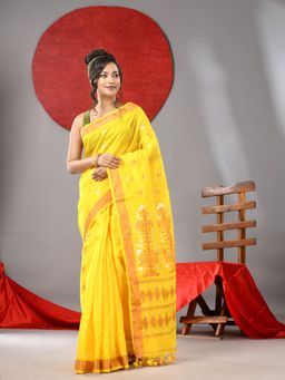 Arhi - Golden Yellow Cotton Woven Handloom Saree with Zari Border & Unstitched Blouse