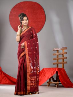 Arhi - Maroon Cotton Woven Handloom Saree with Zari Border & Unstitched Blouse