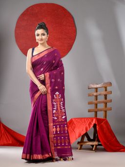 Arhi - Wine Cotton Woven Handloom Saree with Zari Border & Unstitched Blouse