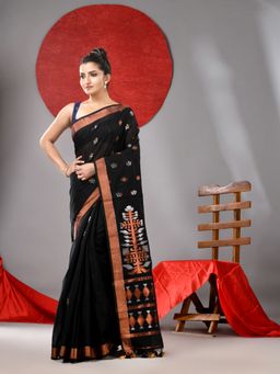 Arhi - Black Cotton Woven Handloom Saree with Zari Border & Unstitched Blouse