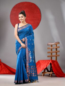 Arhi - Blue Cotton Woven Handloom Saree with Zari Border & Unstitched Blouse