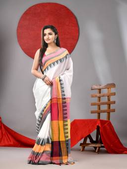 Arhi - White Cotton Handloom Saree with Broad Border & Unstitched Blouse