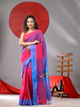 Arhi - Pink And Blue Cotton Handloom Saree with Unstitched Blouse