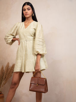 RSVP by Nykaa Fashion - Green V Neck Short Linen Dress
