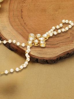 OOMPH - Gold Tone Hathphool Hathpanja Bracelet with Ring Kundan & Pearls for