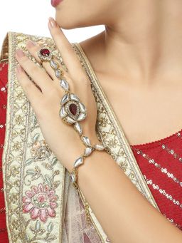 OOMPH - Red Bridal Hathphool Hathpanja Bracelet with Ring Kundan & Pearls for