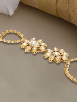 OOMPH - Gold Tone Hathphool Hathpanja Bracelet with Ring Pearls & Kundan for