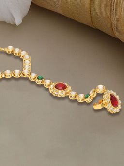 OOMPH - Red & Green Bridal Hathphool Hathpanja Bracelet with Ring Kundan & Pearls for