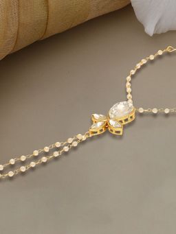 OOMPH - Gold Tone Hathphool Hathpanja Bracelet with Ring Kundan & Pearl for
