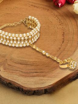 OOMPH - Gold Tone Hathphool Hathpanja Bracelet with Ring Pearl & Kundan for