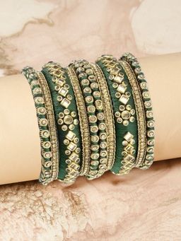 OOMPH - Combo of 10 Green Bridal Chuda Bangle Set with Silk Thread & Kundan Size 2.6