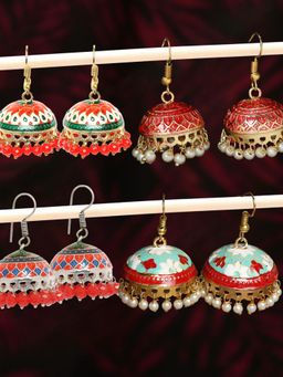 OOMPH - Combo of 4 Red Meenakari Jhumka Earrings with Pearls Beads for Women & Girls
