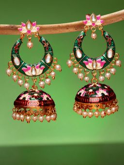 OOMPH - Red Maroon & Green Meenakari Enamel Ethnic Chandbali Jhumka/Jhumki Earrings
