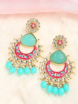 OOMPH - Mint Green & Rani Pink Meenakari Drop Earrings with Jaipur Stones & Kundan