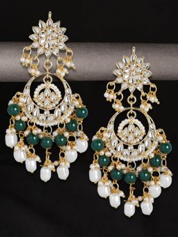 OOMPH - Green Ethnic Chandbali Drop Earrings Kundan & Pearls Studded Long Design