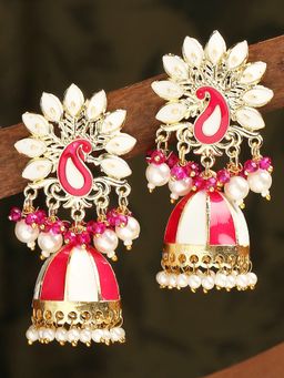 OOMPH - Rani Pink Meenakari Pearls Peacock Jhumka Earrings for Women & Girls
