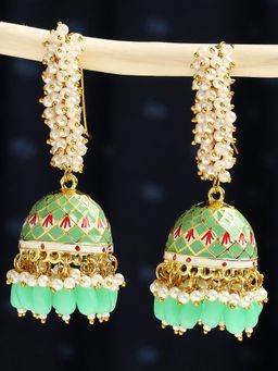 OOMPH - Mint Green Meenakari Enamel Pearls Ethnic Jhumka Earrings for Women & Girls