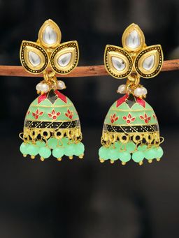 OOMPH - Mint Green Meenakari Kundan & Pearls Ethnic Jhumka Earrings for Women & Girls