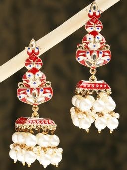 OOMPH - Red Meenakari & Kundan & Pearls Floral Jhumka Earrings for Women & Girls
